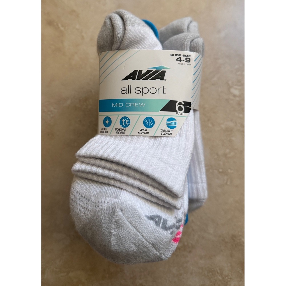 Avia Mid Crew Socks Women 4-9 All Sport White Athletic 6 Pairs NEW